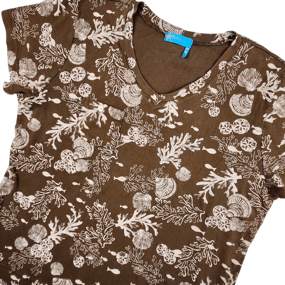 Fresh Produce‎ T-Shirt Womens 1X Brown Coastal Shell Coral Print V-Neck Made USA